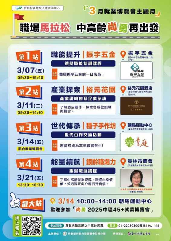 ▲中部首屆45⁺就業博覽會暖身系列活動海報。(中彰投分署提供)