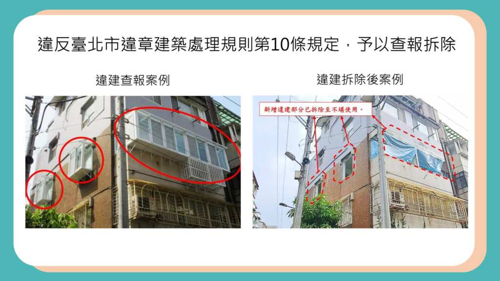 ▲查報拆除案例。（臺北市建管處提供）