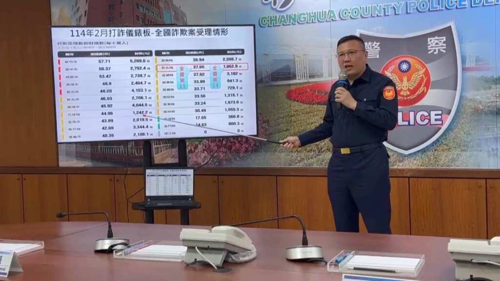 ▲彰化縣警察局局長陳明君主持記者會，透過打詐儀錶板說明彰化縣轄內2月份詐騙現況。（記者林明佑翻攝）