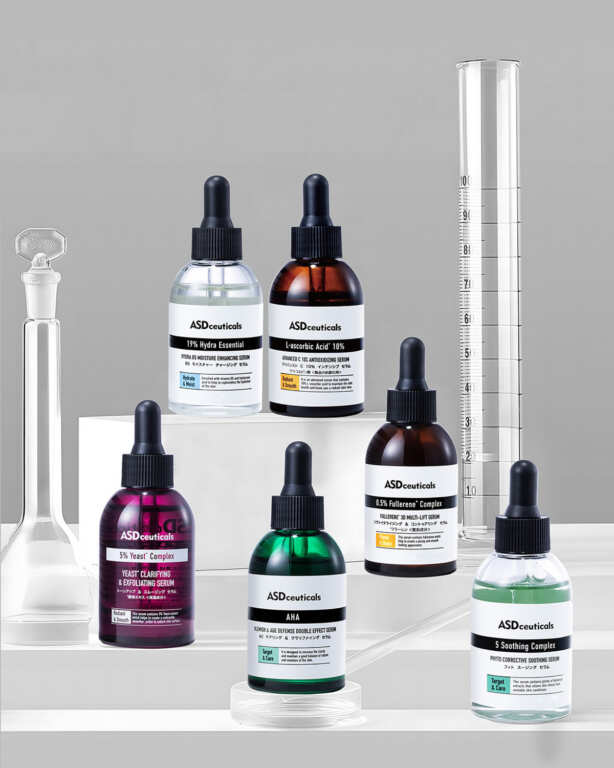 ▲(左至右)酵母亮膚去角質精華、B5保濕修護精華、5重酸溫和淨肌雙效精華、左旋維他命C10緊緻精華、富勒烯賦活緊緻精華、舒緩保濕修護精華