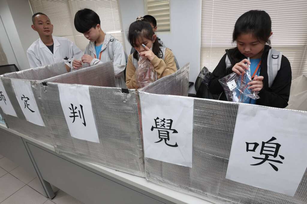 ▲小局長們用鼻子從標準試紙中辨識花香、糖焦、汗臭、果香、糞臭等氣味,並接受「未知嗅袋」的嗅覺任務挑戰。(新北市環保局提供)