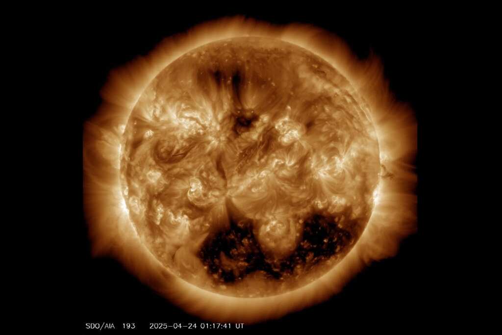 ▲太陽出現百萬公里長的巨大冕洞(下方黑色區域)。(臺北市立天文科學教育館提供)