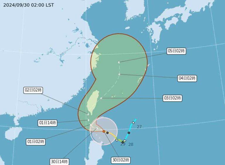 ▲中央氣象署颱風預報，中度颱風山陀兒中心在鵝鑾鼻南南東方海面，向西北西移動，暴風圈已進入臺灣南方近海。（中央氣象局提供）