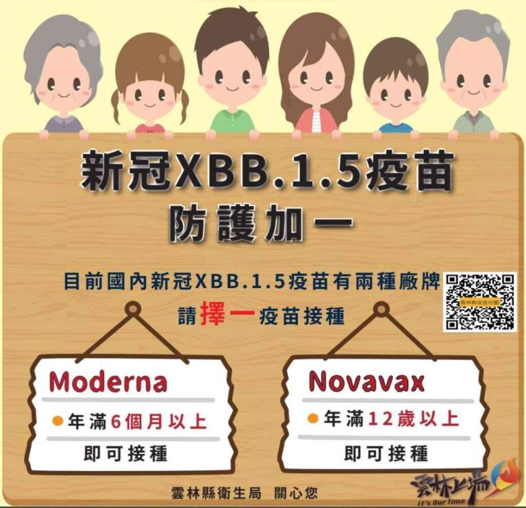 ▲莫德納和Novavax兩種廠牌均安全且能有效對抗目前主流變異株，12 歲以上民眾可選擇一種廠牌接種，6 個月以上至 11 歲兒童則依核准適應症，僅限接種莫德納 XBB 疫苗。（雲林縣政府提供）