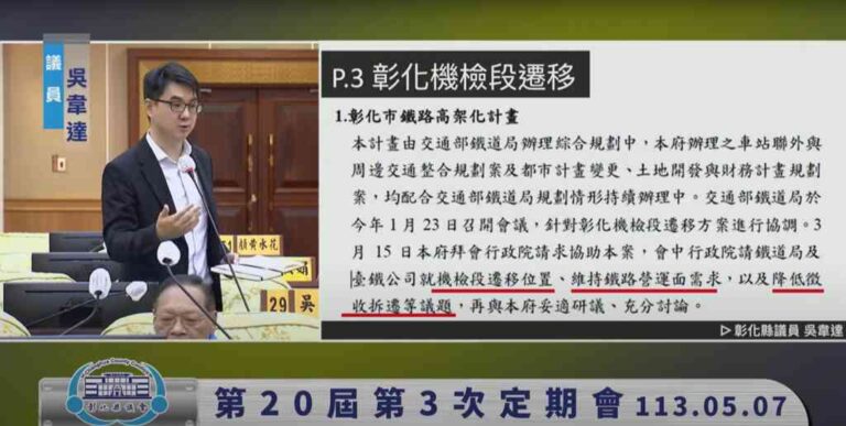 ▲吳韋達議員在彰化縣議會第20屆第3次定期會上提出的質詢，關於彰化市鐵路高架化工程面臨的彰化機檢段遷移問題，其中花壇、二水方案，將拆除民宅及徵收大量民地。（吳韋達議員提供）