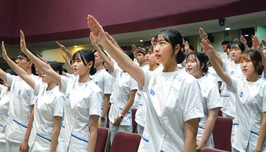 ▲暨南大學抒解護士荒!南投首批護理新尖兵加冠後投入臨床實習。(記者張玉泰翻攝)